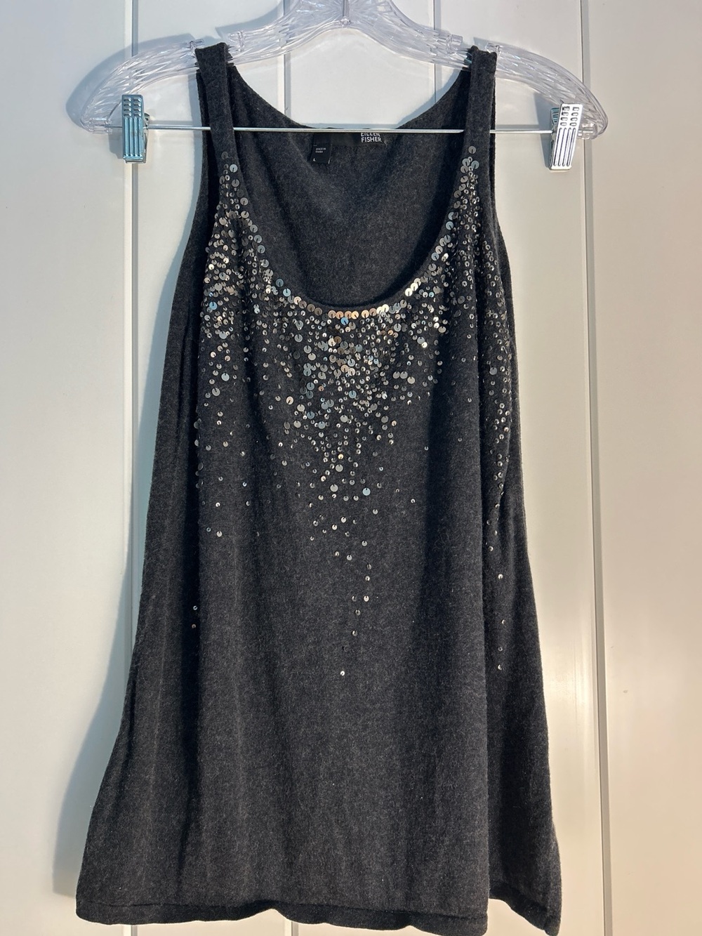 Eileen Fisher L large Sequin tank top Organic Cotton cashmere mix gray sweater